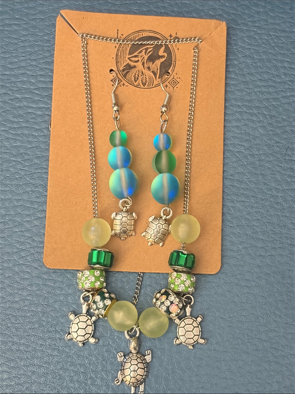 Green Beaded Turtle Pendant Necklace with matching earrings - Women Jewelry